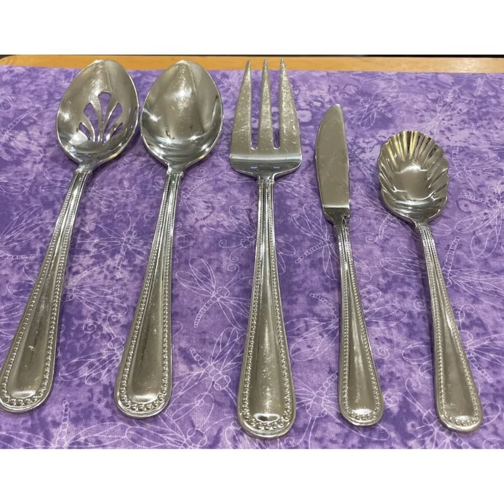 Reed & Barton Kendall Stainless Hostess Spoon Fork 5 Piece Set Beaded Outline